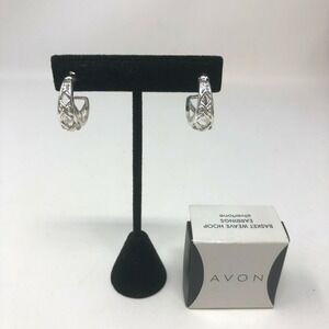 Avon Hoop Earrings Silver‎ Tone Basket Weave Loop Push Backs
